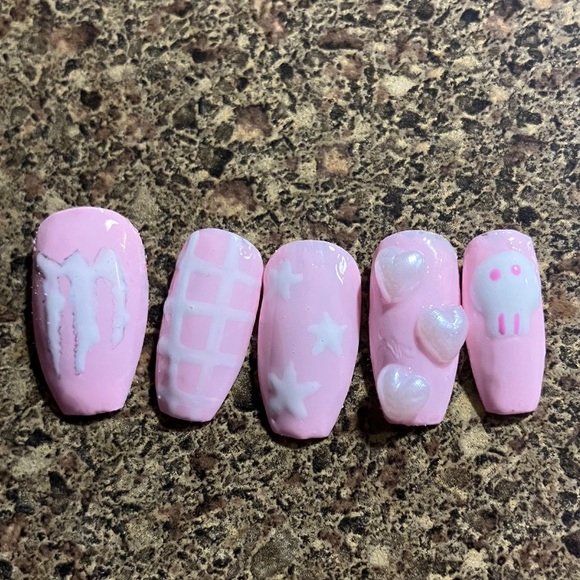 Pink Monster Energy Handmade Press On Glue On Fake False Nails - Picture 1 of 3